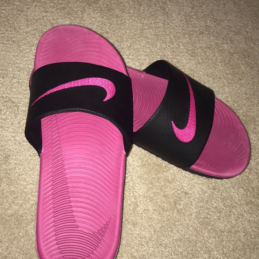 Pink and Black Nike Slides